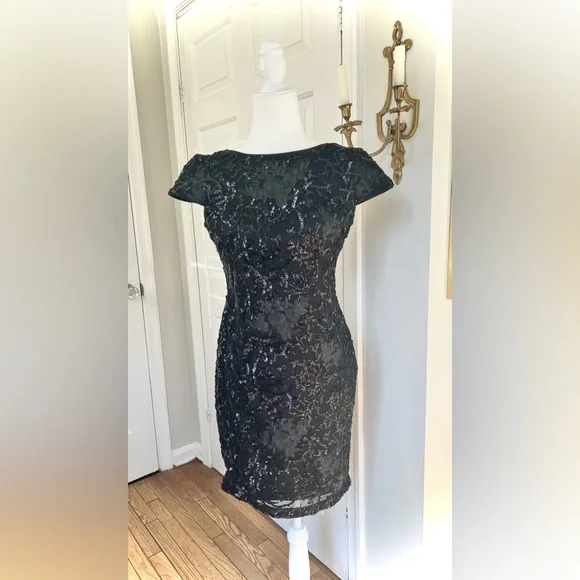 sachin and babi light blue dress Badgley Mischka Collection Floral Lace Puff-Sleeve Dress